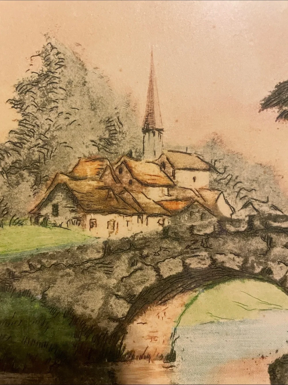 Gold Framed Scenic Etching by C Boyer In the Valley